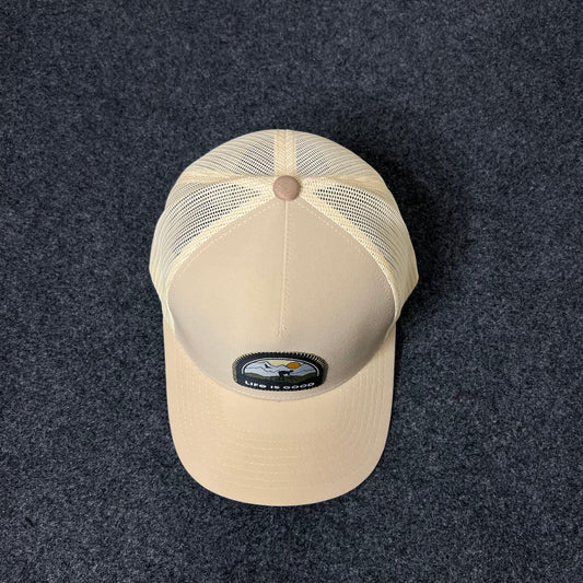 Life Is Good Mountain Sunset Trucker Hat – Beige