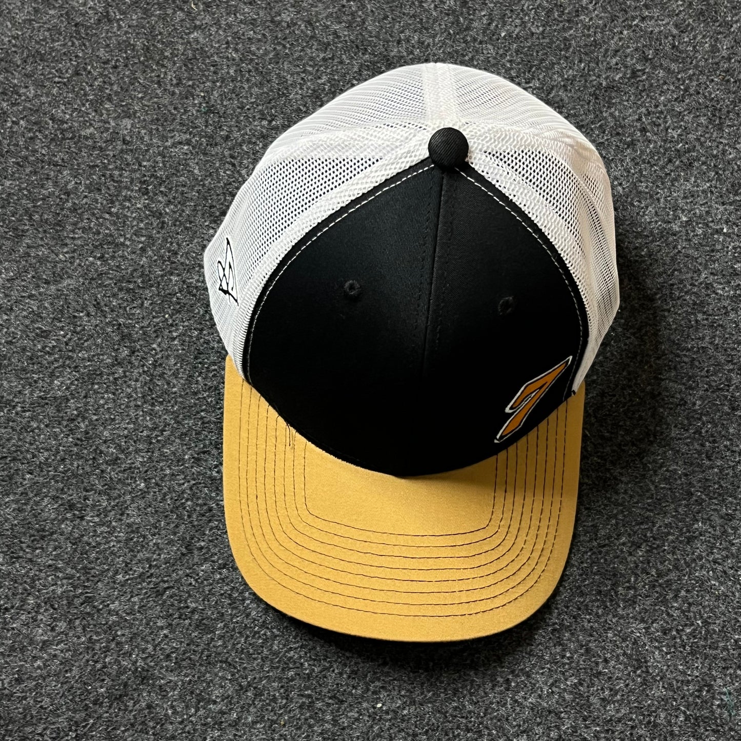 Number 7 Trucker Hat – Black, White & Gold Mesh Snapback