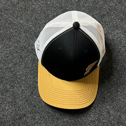 Number 7 Trucker Hat – Black, White & Gold Mesh Snapback