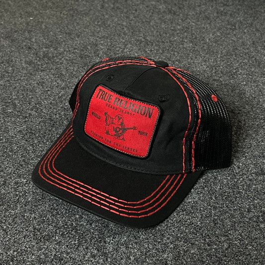 True Religion Trucker Hat – Black & Red Embroidered Snapback