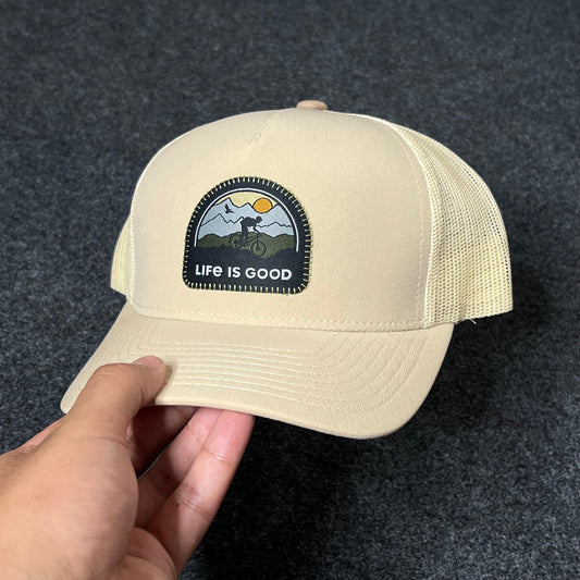 Life Is Good Mountain Sunset Trucker Hat – Beige