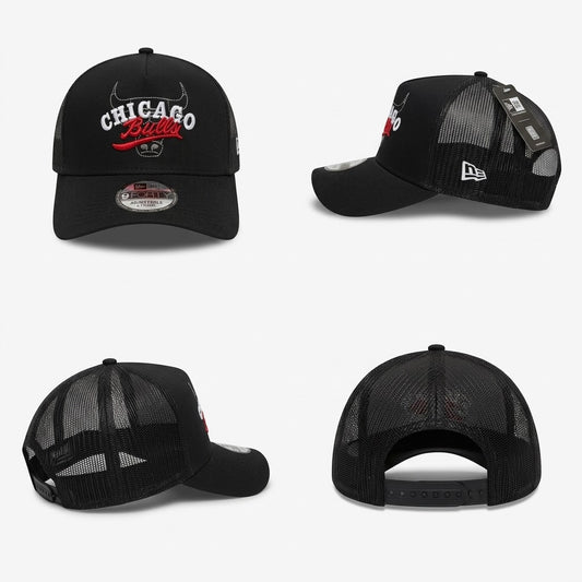Black Chicago Bulls Script Logo Trucker Snapback Cap