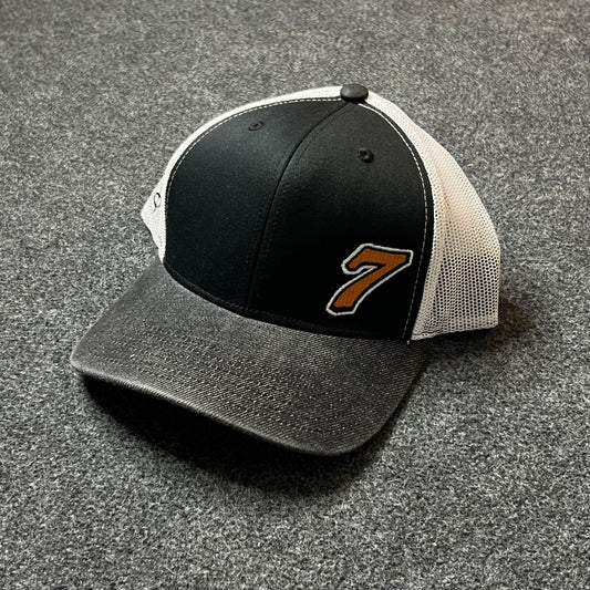 Number 7 Trucker Hat – Black, White & Distressed Gray Brim Snapback