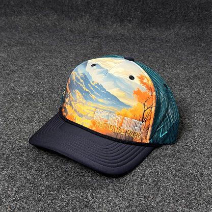 Trucker Hat featuring a nature-inspired landscape design