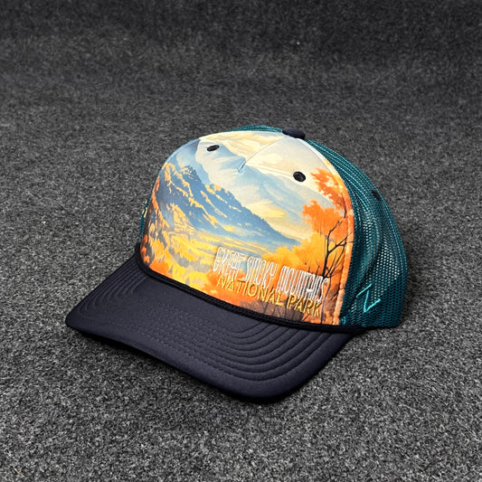 Trucker Hat featuring a nature-inspired landscape design
