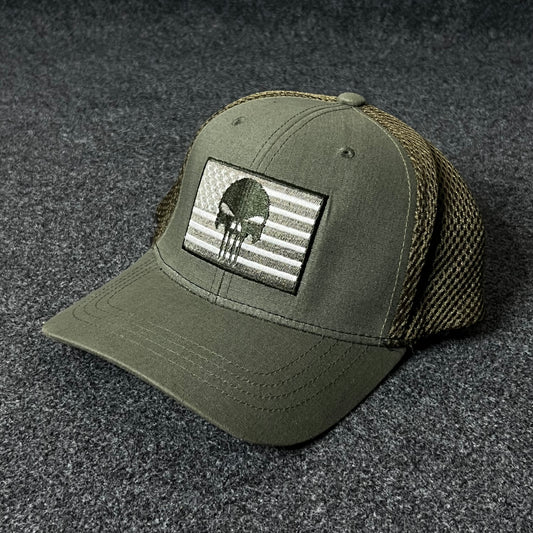 Tactical Punisher Flag Trucker Cap – Olive Green ( M size )