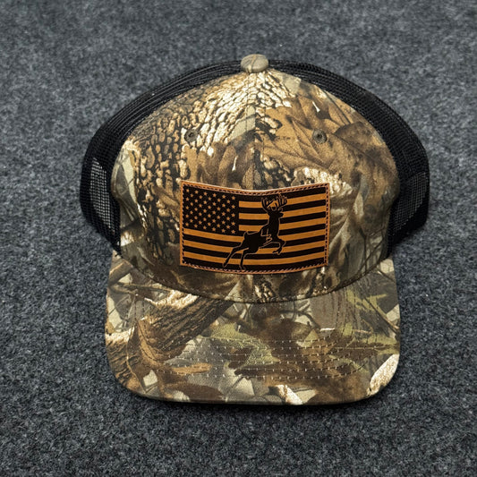 Camo Mesh Trucker Cap with Flag Patch