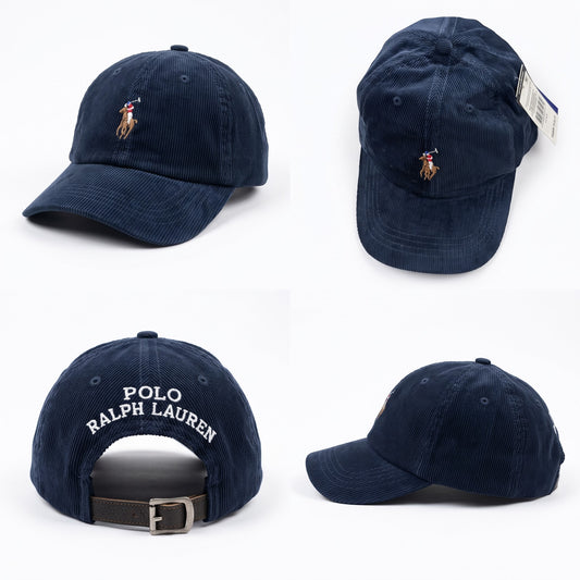 Dad Cap Unstructured Cord in Navy Blue with Leather Strap