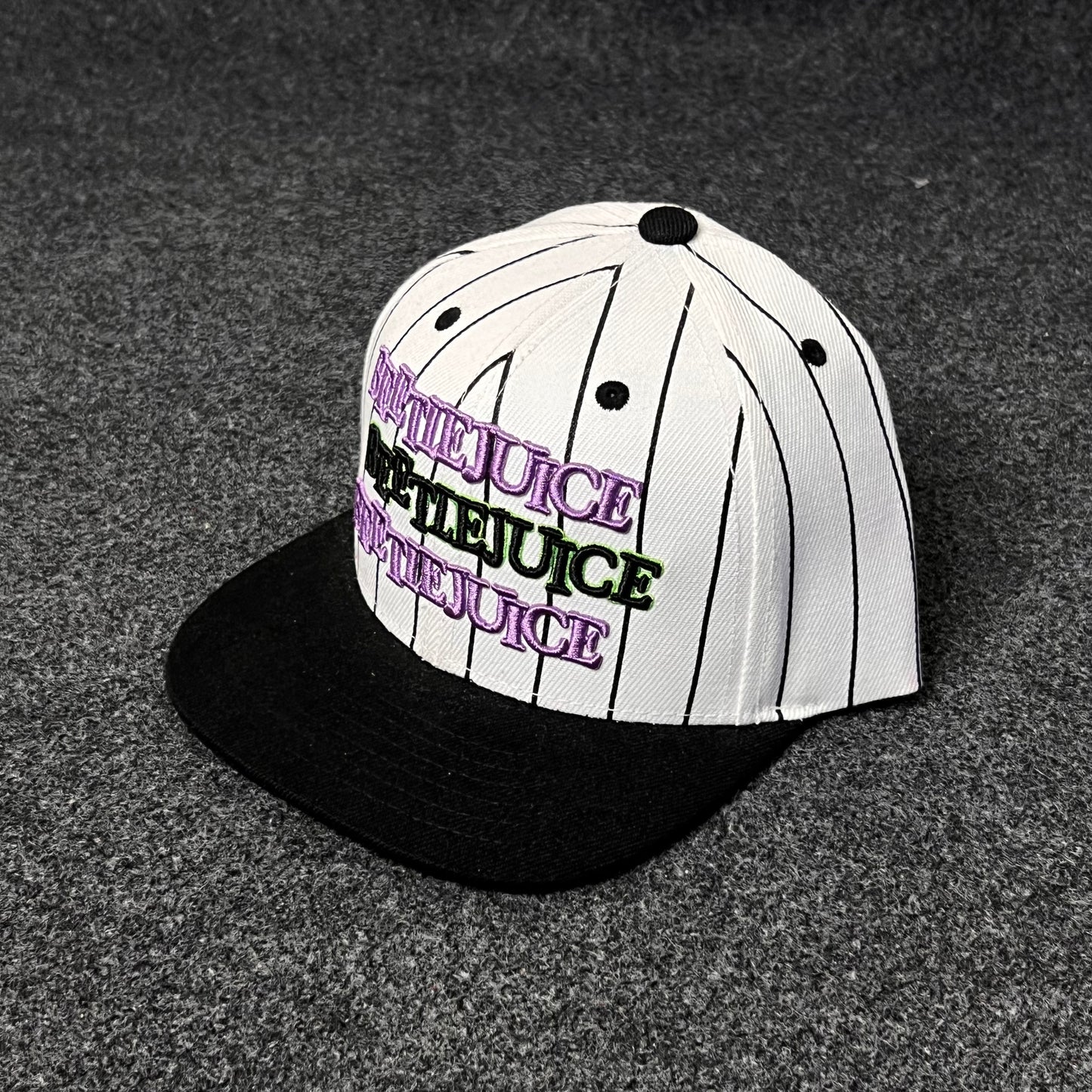 Beetlejuice pinstripe snapback hat.  ( KIDS CAP AGE 6-18