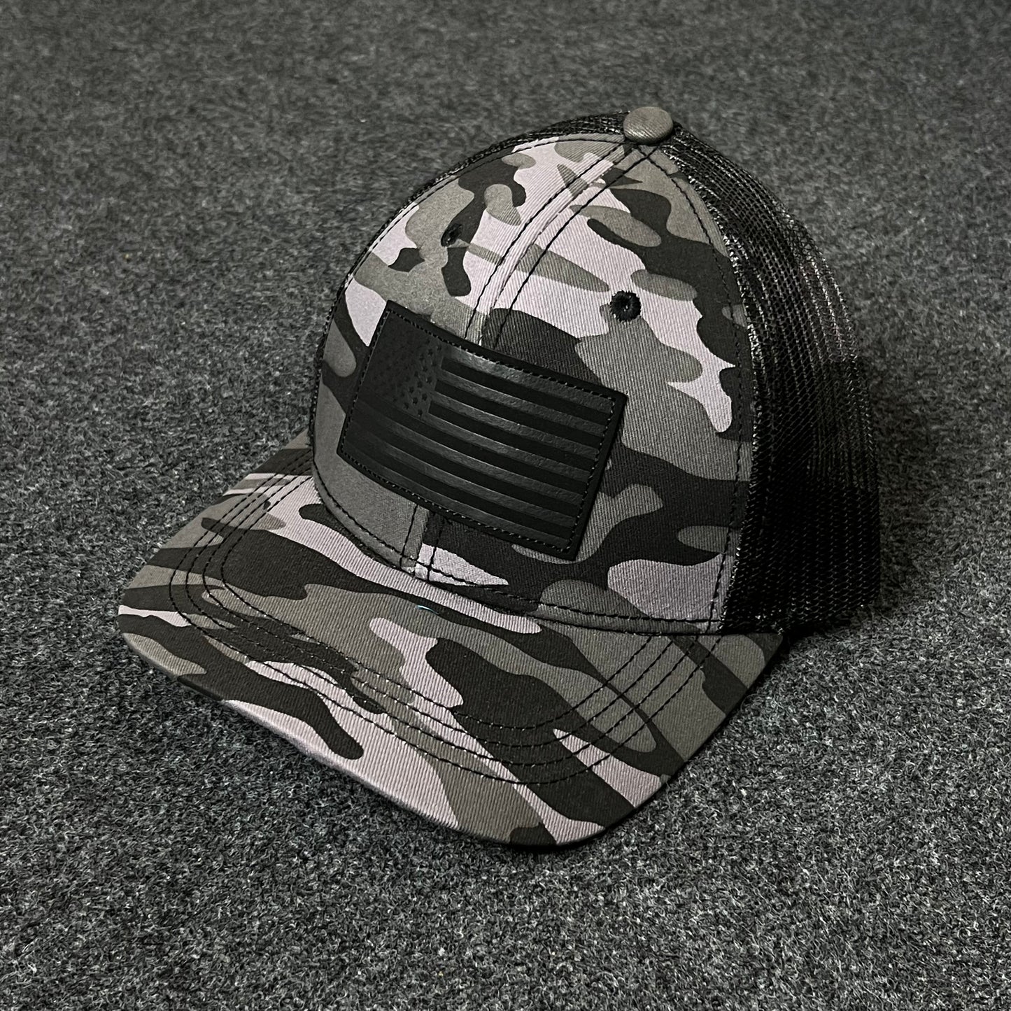 Tactical Camo Trucker Hat – Blacked Out Flag Patch