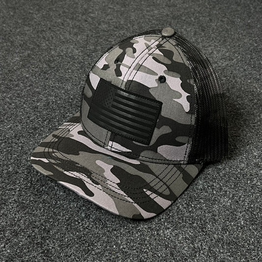 Tactical Camo Trucker Hat – Blacked Out Flag Patch