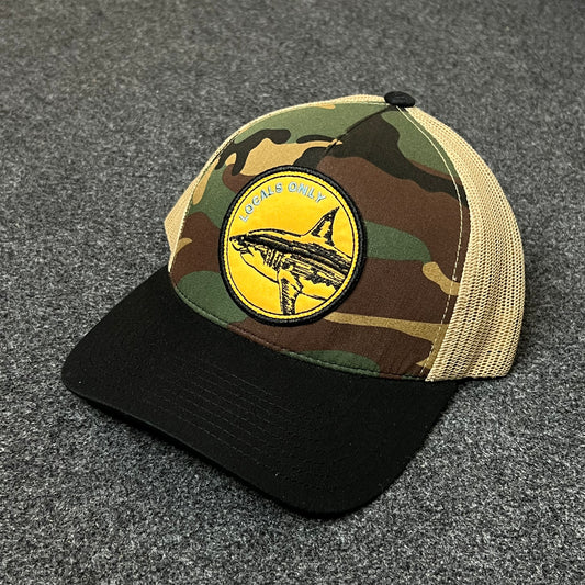 Salty Crew Camo & Black Trucker Hat – Yellow Shark Patch