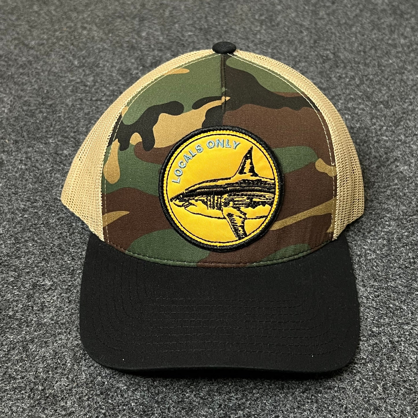 Salty Crew Camo & Black Trucker Hat – Yellow Shark Patch