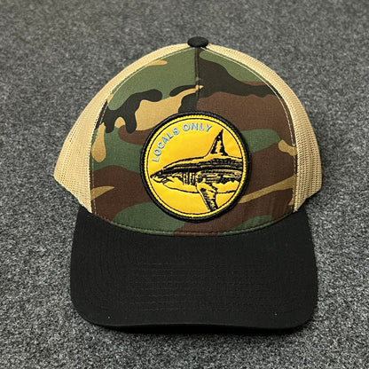 Salty Crew Camo & Black Trucker Hat – Yellow Shark Patch