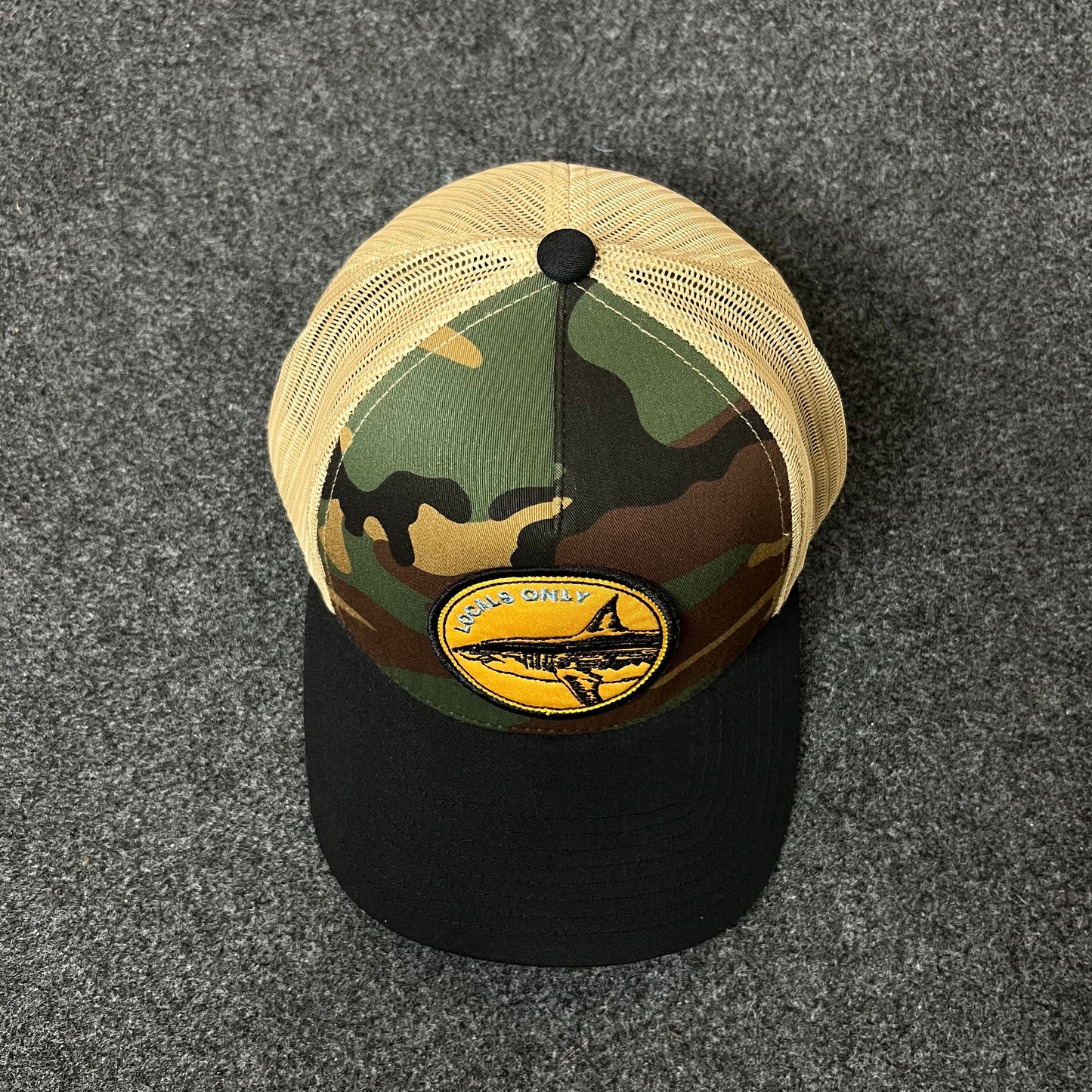 Salty Crew Camo & Black Trucker Hat – Yellow Shark Patch
