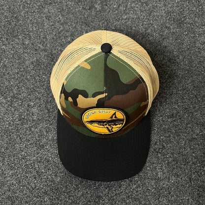 Salty Crew Camo & Black Trucker Hat – Yellow Shark Patch