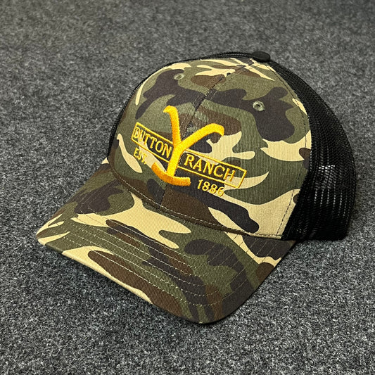 Y Ranch Camo Mesh Back Trucker Hat – Black & Gold
