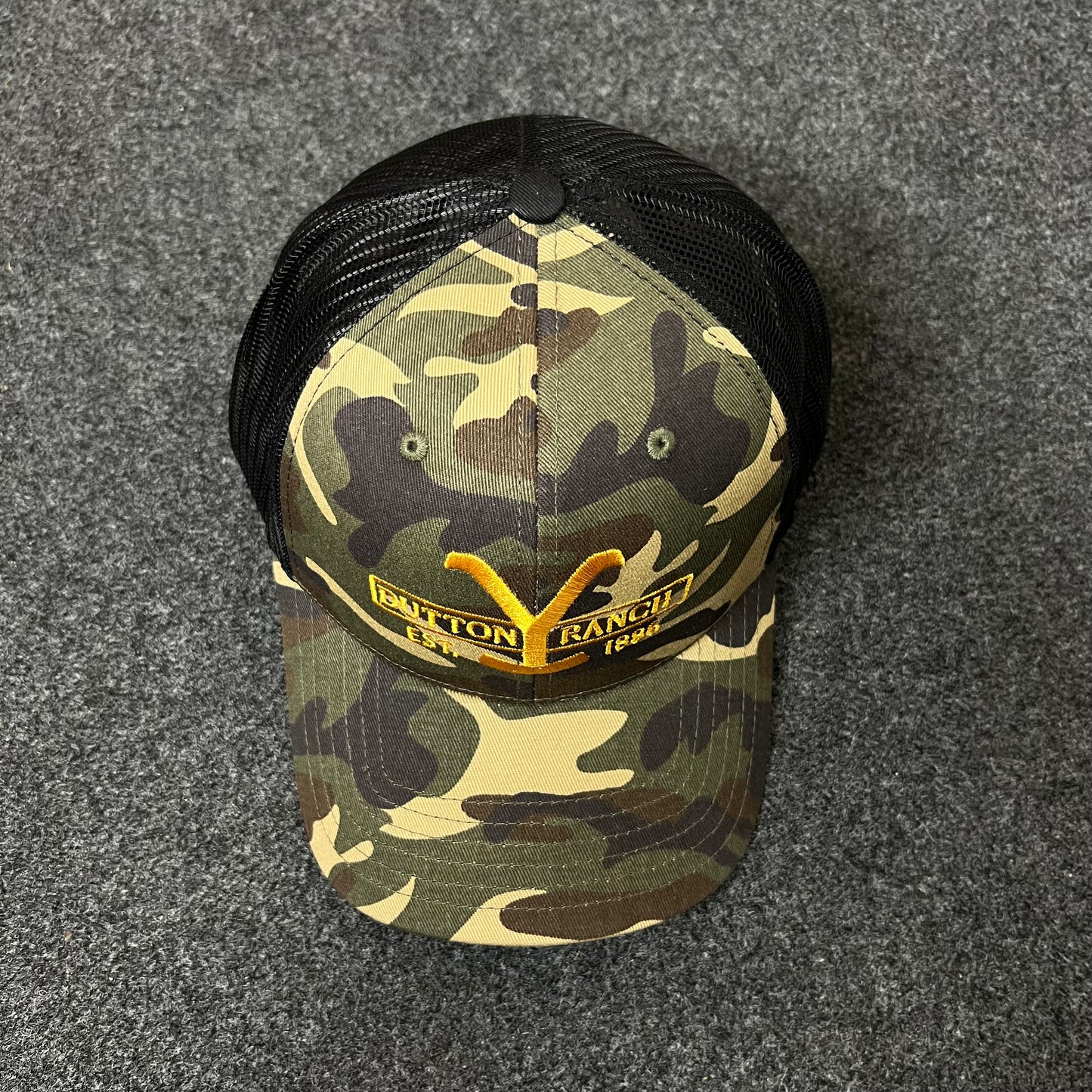 Y Ranch Camo Mesh Back Trucker Hat – Black & Gold