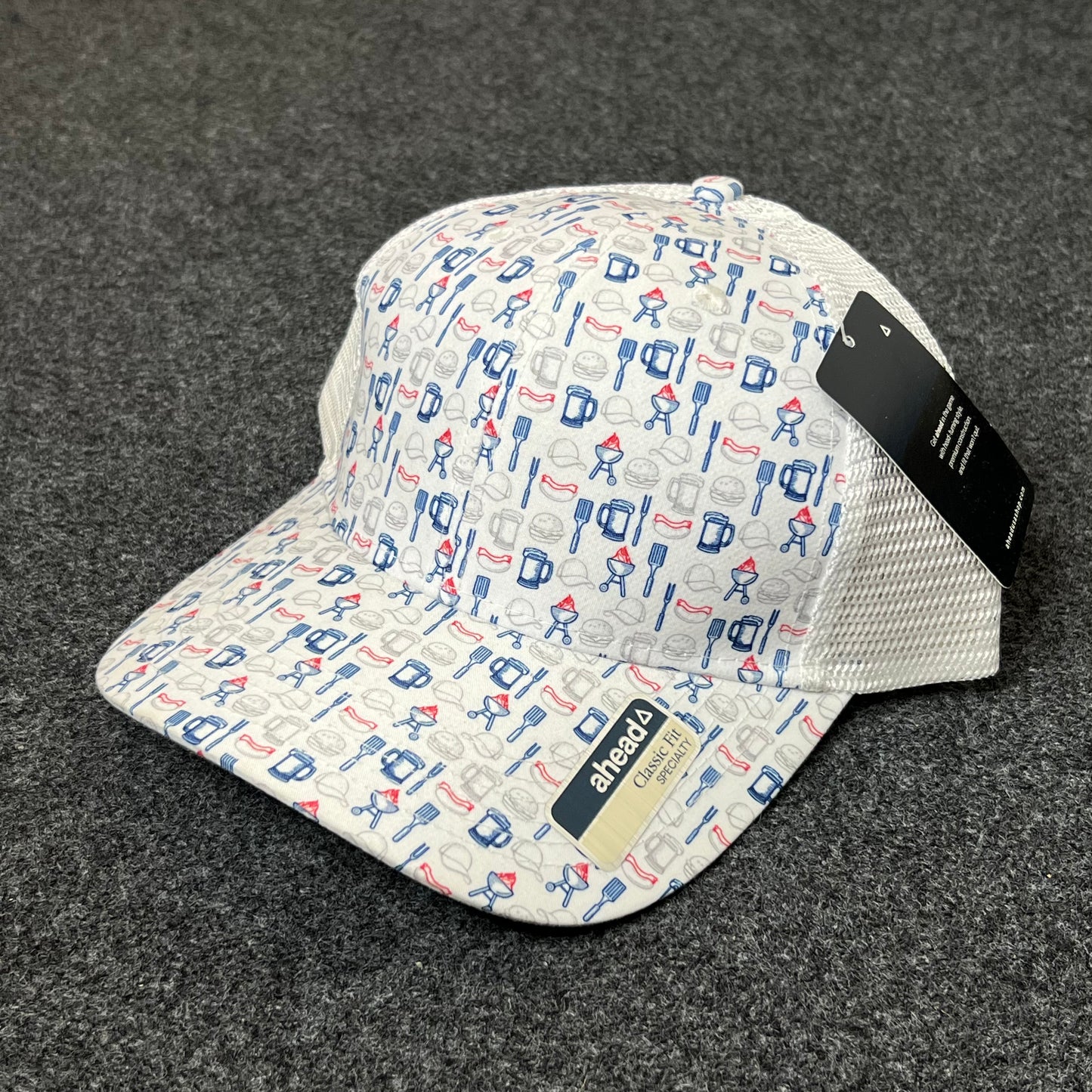 Budweiser Patterned Mesh Back Trucker Hat – White & Red/Blue Print