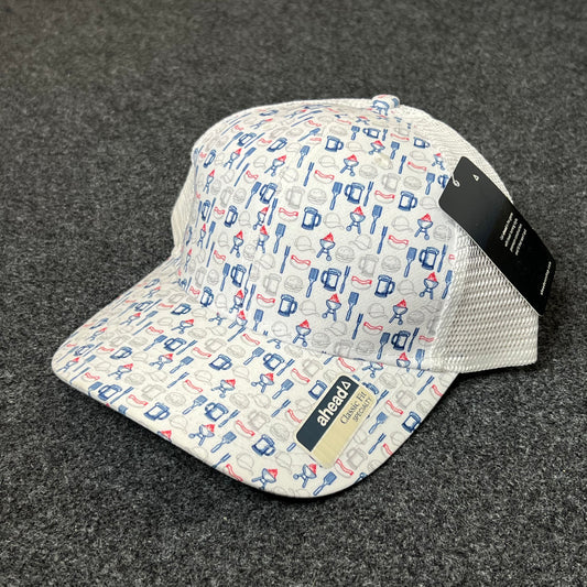Budweiser Patterned Mesh Back Trucker Hat – White & Red/Blue Print