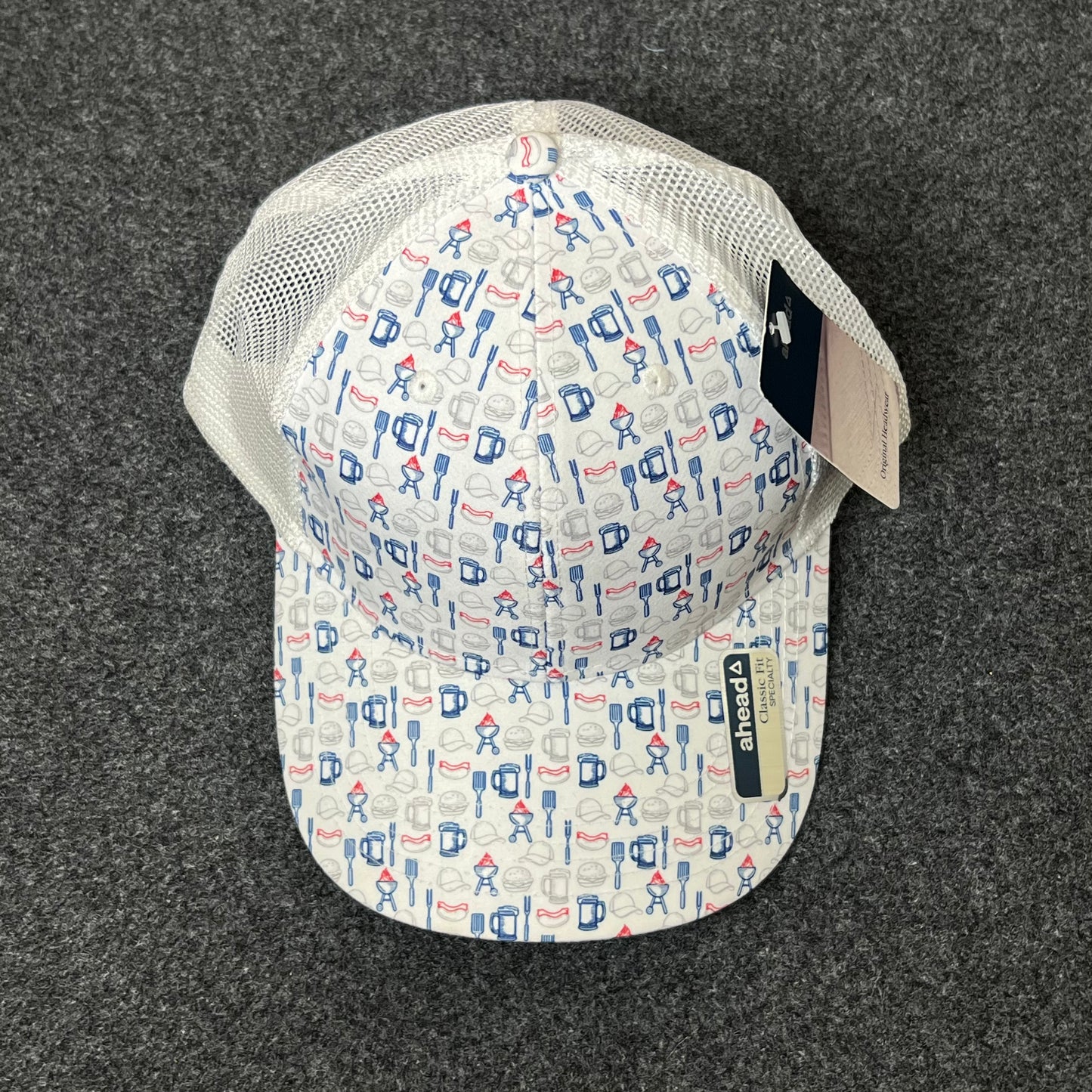 Budweiser Patterned Mesh Back Trucker Hat – White & Red/Blue Print
