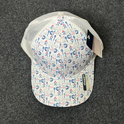 Budweiser Patterned Mesh Back Trucker Hat – White & Red/Blue Print