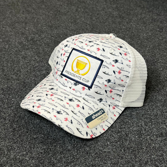 Presidents Cup Patterned Mesh Back Trucker Hat – White
