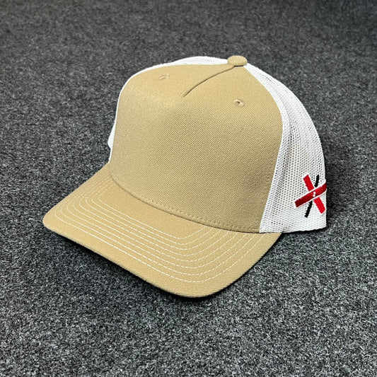 Tan & White Mesh Back Trucker Hat – Minimalist Style