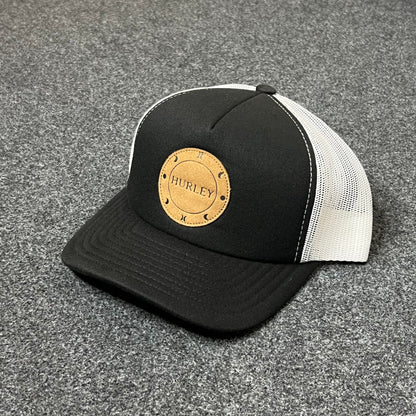 Hurley Leather Patch Mesh Back Trucker Hat – Black & White