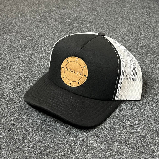 Hurley Leather Patch Mesh Back Trucker Hat – Black & White