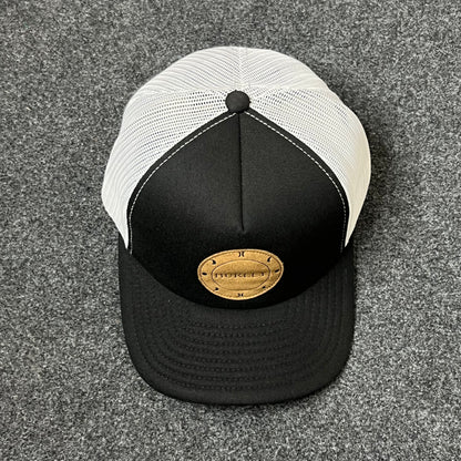 Hurley Leather Patch Mesh Back Trucker Hat – Black & White