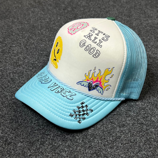 Good Vibes Mesh Back Baseball Cap – White & Light Blue