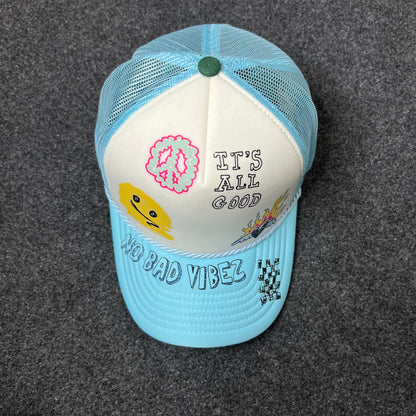 Good Vibes Mesh Back Baseball Cap – White & Light Blue