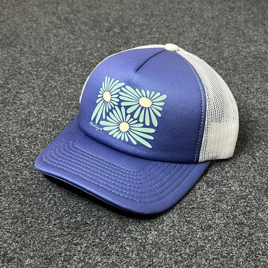 Floral Graphic Mesh Back Baseball Cap – Blue & White