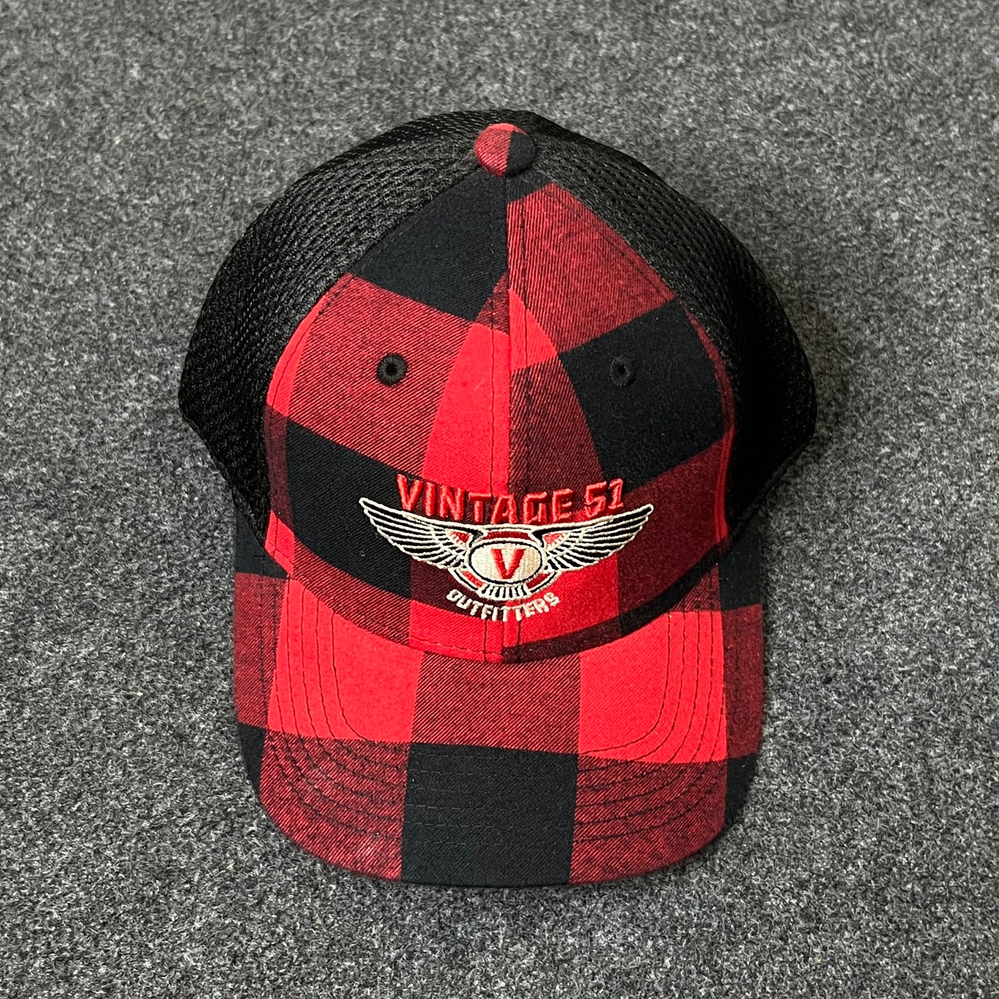 Vintage 51 Plaid Mesh Back Trucker Hat – Red & Black