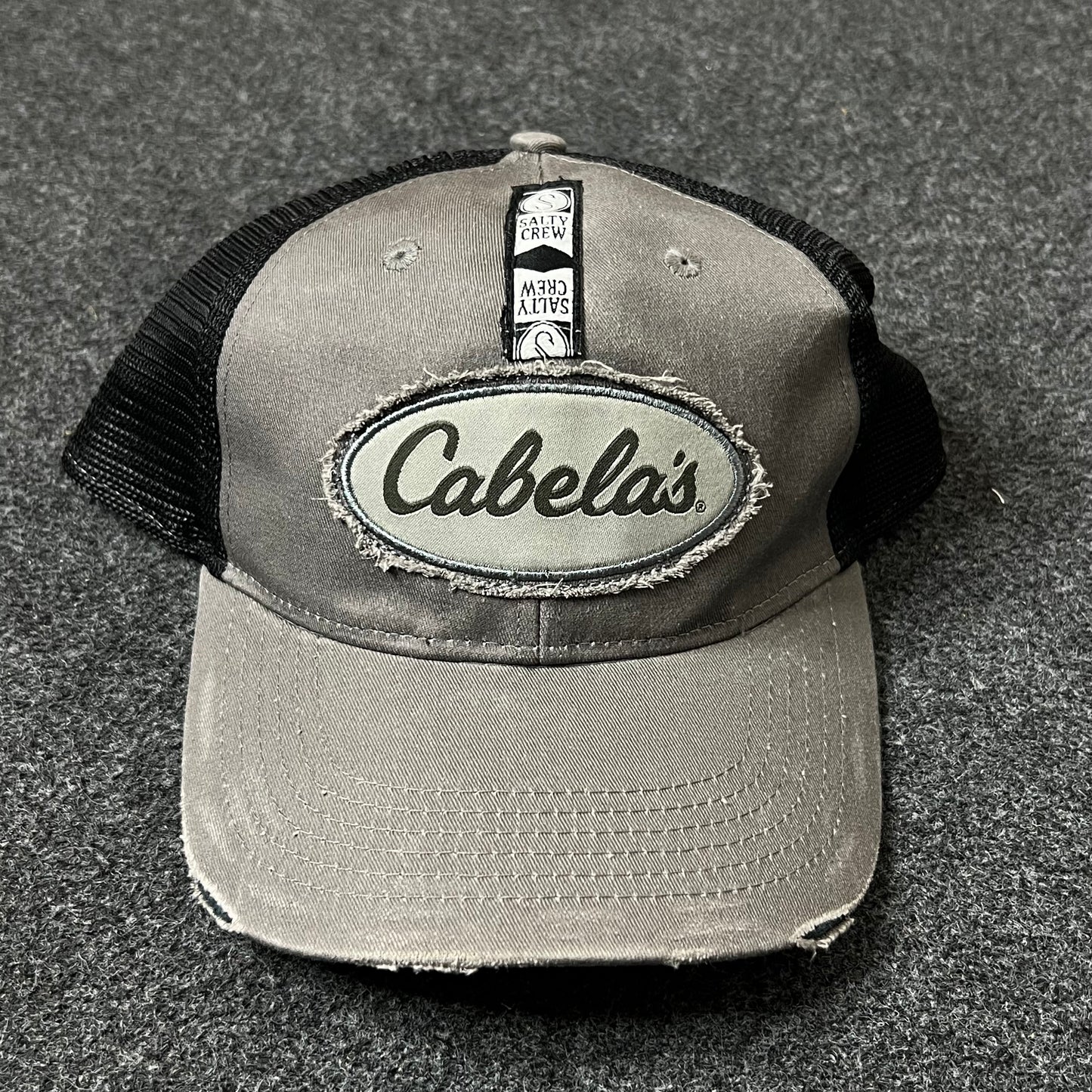 Cabela’s Distressed Mesh Back Trucker Hat – Gray & Black
