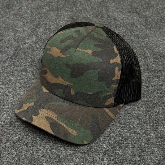 Woodland Camo and Black Mesh Trucker Cap