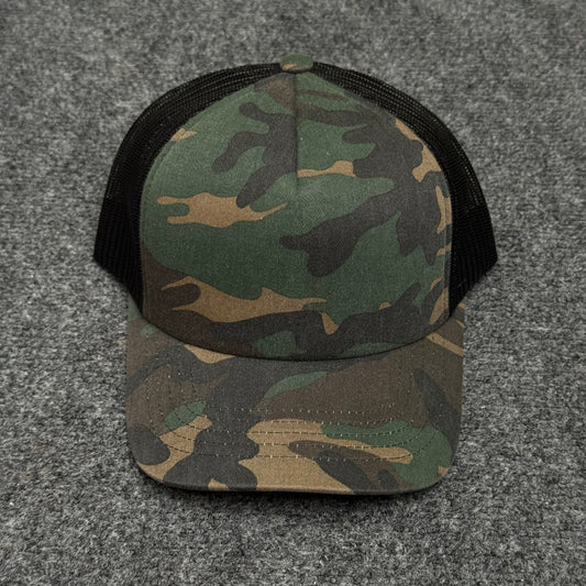 Woodland Camo and Black Mesh Trucker Cap