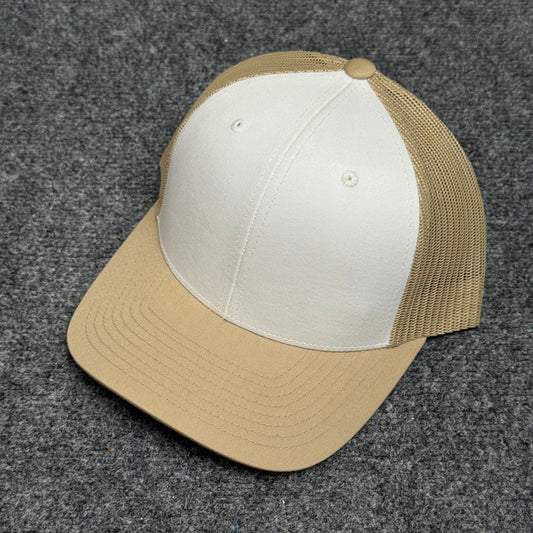 Split Khaki and White Mesh Trucker Cap