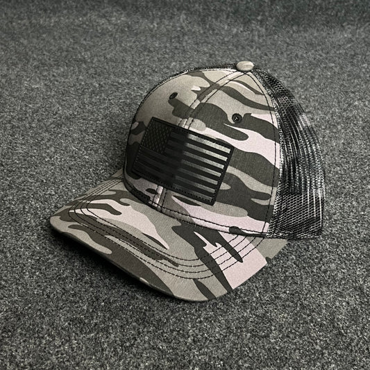 Camo American Flag Trucker Cap – Blackout Patch