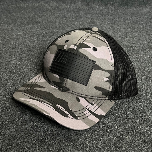 Camo Trucker Cap – Black Embroidered American Flag