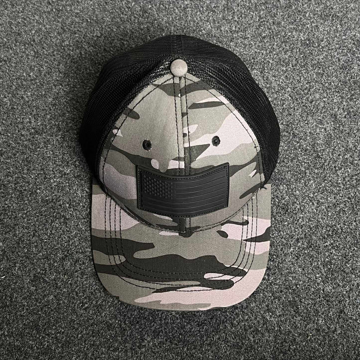 Camo Trucker Cap – Black Embroidered American Flag