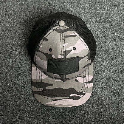 Camo Trucker Cap – Black Embroidered American Flag