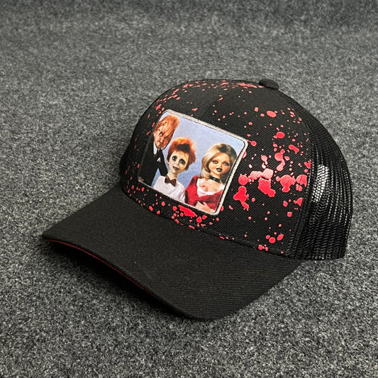 Horror Art Splatter Trucker Cap – Black & Red Mesh