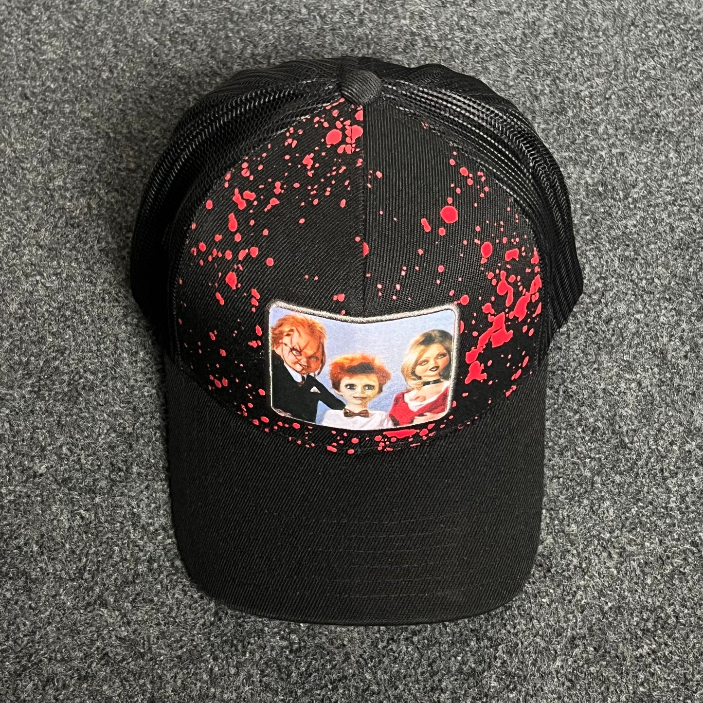 Horror Art Splatter Trucker Cap – Black & Red Mesh