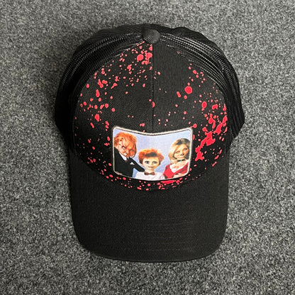 Horror Art Splatter Trucker Cap – Black & Red Mesh