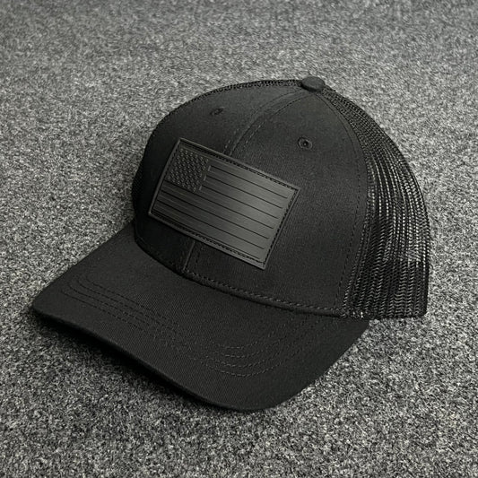 Blackout American Flag Trucker Cap – Full Black