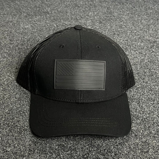 Blackout American Flag Trucker Cap – Full Black