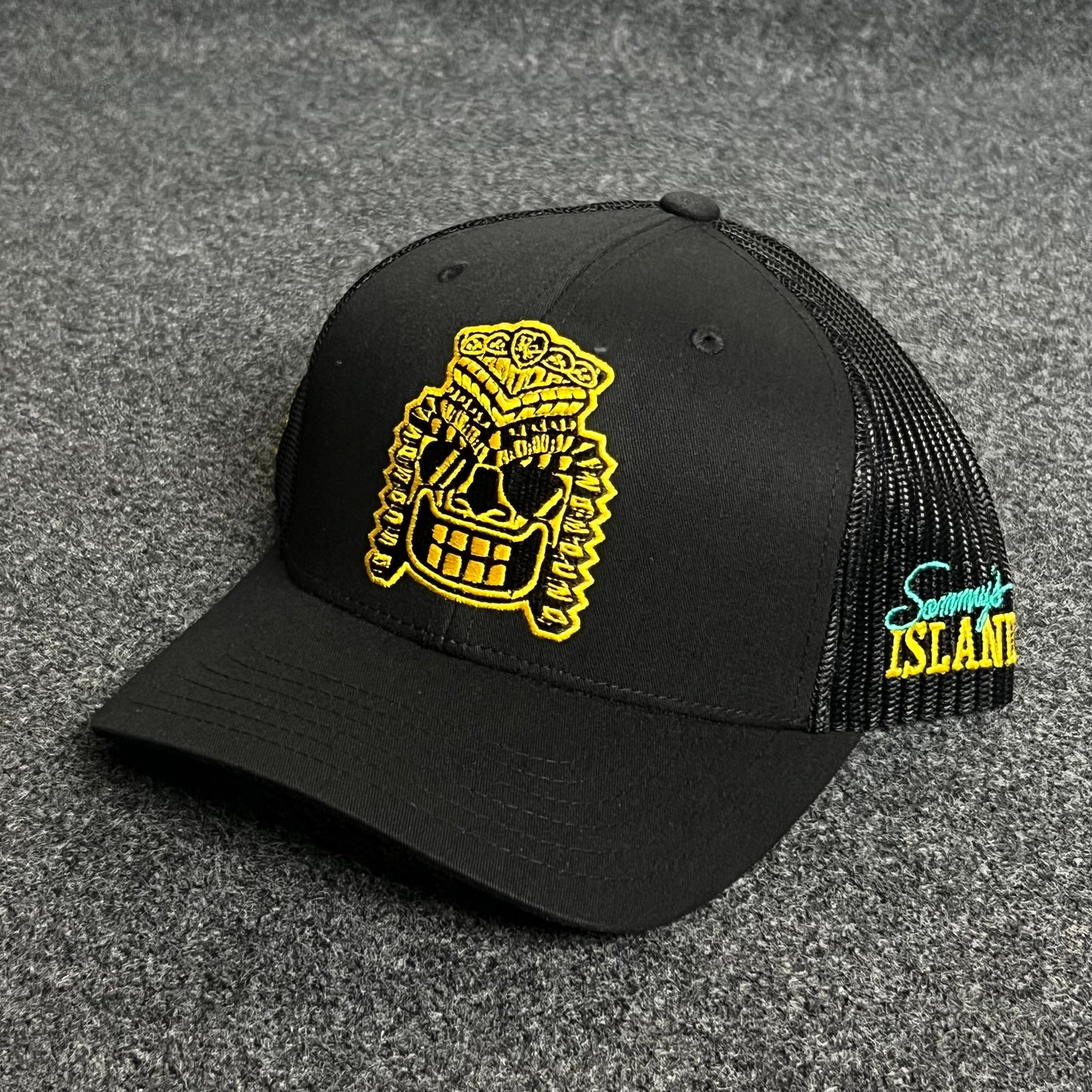 Black Mesh Trucker Cap – Island Tiki Skull Design