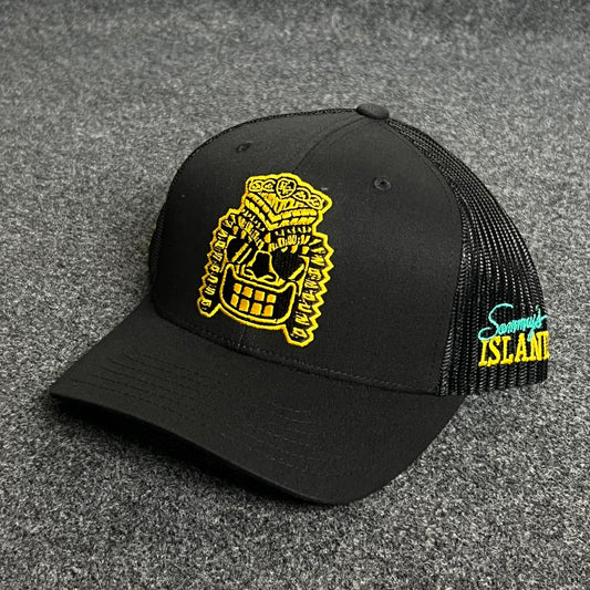Black Mesh Trucker Cap – Island Tiki Skull Design